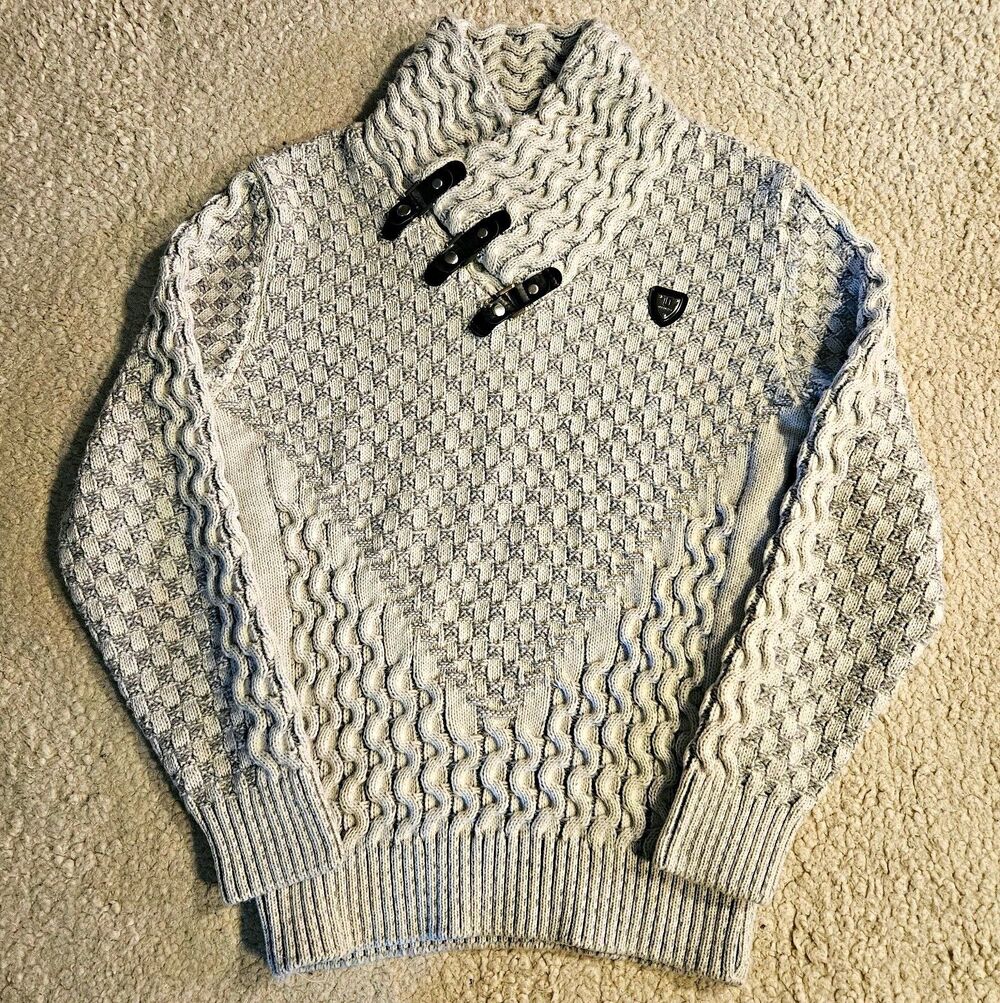 Leif Nelson Cable Knit Sweater Mens XXL Grey Shawl Collar Buckle Pullover